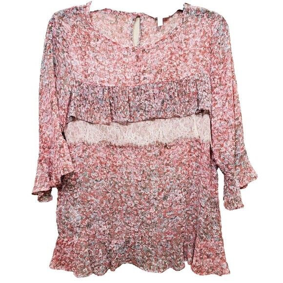 BCBGeneration Multi-Tiered Pink Floral Cedar Rose 3/4 Sleeve Blouse Size Small - Picture 1 of 7